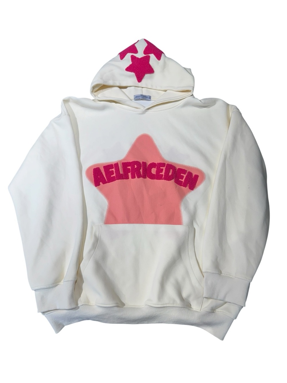 Aelfric Eden Cream Pink Star Long Sleeve Hooded Front Pockets Sweatshirt Size L